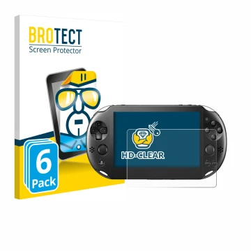 Vorderseite einer Produktverpackung mit dem Markenlogo BROTECT. Daneben ist das Gerät Sony Playstation PS Vita Slim mit dem zu