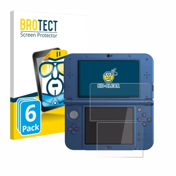Vorderseite einer Produktverpackung mit dem Markenlogo BROTECT. Daneben ist das Gerät Nintendo New 3DS XL mit dem zugehörigen 