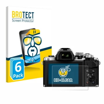 Vorderseite einer Produktverpackung mit dem Markenlogo BROTECT. Daneben ist das Gerät Olympus OM-D E-M10 Mark II mit dem zugeh