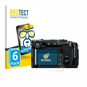 Vorderseite einer Produktverpackung mit dem Markenlogo BROTECT. Daneben ist das Gerät Fujifilm X-Pro2 mit dem zugehörigen Disp