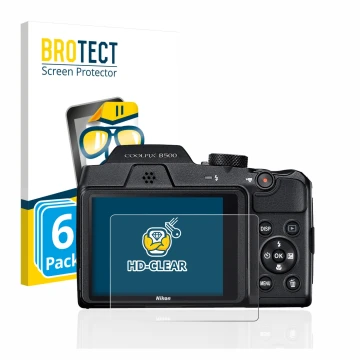 Vorderseite einer Produktverpackung mit dem Markenlogo BROTECT. Daneben ist das Gerät Nikon Coolpix B500 mit dem zugehörigen D