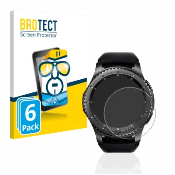 Vorderseite einer Produktverpackung mit dem Markenlogo BROTECT. Daneben ist das Gerät Samsung Gear S3 Frontier mit dem zugehör