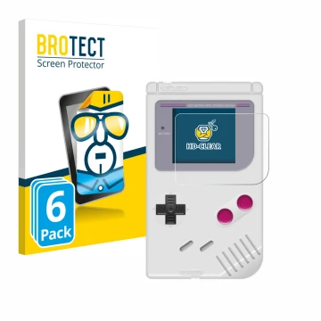 Vorderseite einer Produktverpackung mit dem Markenlogo BROTECT. Daneben ist das Gerät Nintendo Gameboy (1989) mit dem zugehöri