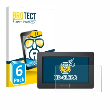 Vorderseite einer Produktverpackung mit dem Markenlogo BROTECT. Daneben ist das Gerät Blackmagic Design Video Assist (5.0) mit