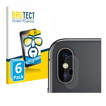 Vorderseite einer Produktverpackung mit dem Markenlogo BROTECT. Daneben ist das Gerät Apple iPhone X (NUR Kameraschutz) mit de