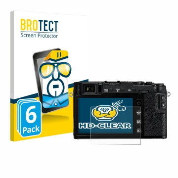 Vorderseite einer Produktverpackung mit dem Markenlogo BROTECT. Daneben ist das Gerät Fujifilm X-E3 mit dem zugehörigen Displa