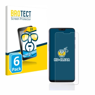 Vorderseite einer Produktverpackung mit dem Markenlogo BROTECT. Daneben ist das Gerät OnePlus 6 mit dem zugehörigen Displaysch