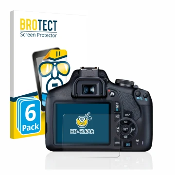 Vorderseite einer Produktverpackung mit dem Markenlogo BROTECT. Daneben ist das Gerät Canon EOS 2000D mit dem zugehörigen Disp