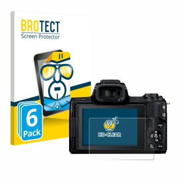 Vorderseite einer Produktverpackung mit dem Markenlogo BROTECT. Daneben ist das Gerät Canon EOS M50 mit dem zugehörigen Displa