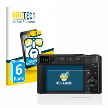 Vorderseite einer Produktverpackung mit dem Markenlogo BROTECT. Daneben ist das Gerät Panasonic Lumix DC-TZ202 mit dem zugehör