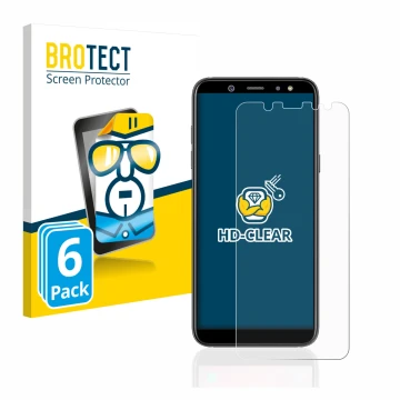 Vorderseite einer Produktverpackung mit dem Markenlogo BROTECT. Daneben ist das Gerät Samsung Galaxy A6 2018 mit dem zugehörig
