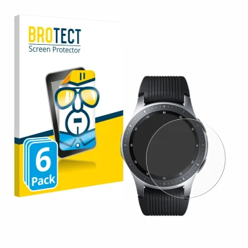 Vorderseite einer Produktverpackung mit dem Markenlogo BROTECT. Daneben ist das Gerät Samsung Galaxy Watch (46 mm) mit dem zug