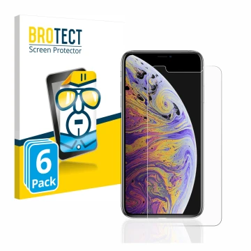 Vorderseite einer Produktverpackung mit dem Markenlogo BROTECT. Daneben ist das Gerät Apple iPhone Xs Max mit dem zugehörigen 