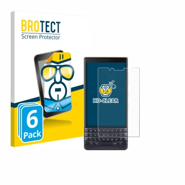 Vorderseite einer Produktverpackung mit dem Markenlogo BROTECT. Daneben ist das Gerät BlackBerry Key2 LE mit dem zugehörigen D