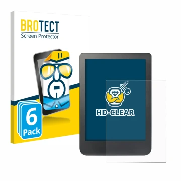 Vorderseite einer Produktverpackung mit dem Markenlogo BROTECT. Daneben ist das Gerät Kobo Clara HD (6
