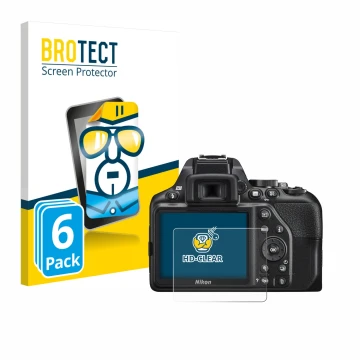 Vorderseite einer Produktverpackung mit dem Markenlogo BROTECT. Daneben ist das Gerät Nikon D3500 mit dem zugehörigen Displays