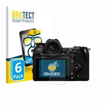 Vorderseite einer Produktverpackung mit dem Markenlogo BROTECT. Daneben ist das Gerät Panasonic Lumix DC-S1 mit dem zugehörige