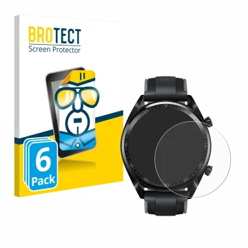Vorderseite einer Produktverpackung mit dem Markenlogo BROTECT. Daneben ist das Gerät Huawei Watch GT (46 mm) 2018 mit dem zug