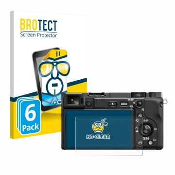 Vorderseite einer Produktverpackung mit dem Markenlogo BROTECT. Daneben ist das Gerät Sony Alpha 6400 mit dem zugehörigen Disp