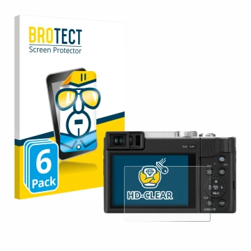Vorderseite einer Produktverpackung mit dem Markenlogo BROTECT. Daneben ist das Gerät Panasonic Lumix DC-TZ96 mit dem zugehöri