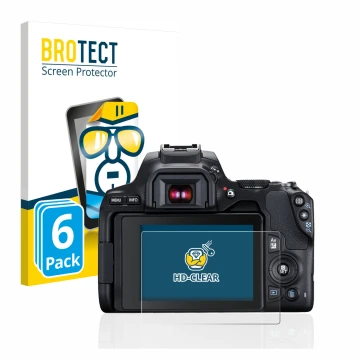Vorderseite einer Produktverpackung mit dem Markenlogo BROTECT. Daneben ist das Gerät Canon EOS 250D mit dem zugehörigen Displ