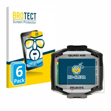Vorderseite einer Produktverpackung mit dem Markenlogo BROTECT. Daneben ist das Gerät Mares Quad Air mit dem zugehörigen Displ