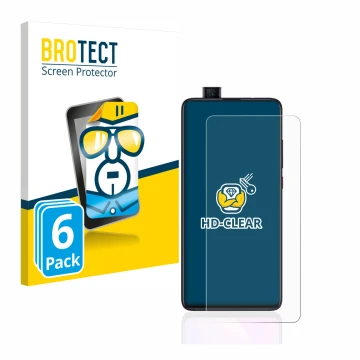 Vorderseite einer Produktverpackung mit dem Markenlogo BROTECT. Daneben ist das Gerät Xiaomi Mi 9T Pro mit dem zugehörigen Dis