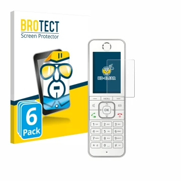 Vorderseite einer Produktverpackung mit dem Markenlogo BROTECT. Daneben ist das Gerät AVM Fritz!Fon C6 mit dem zugehörigen Dis