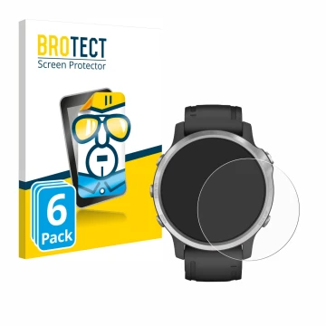 Vorderseite einer Produktverpackung mit dem Markenlogo BROTECT. Daneben ist das Gerät Garmin Fenix 6S mit dem zugehörigen Disp