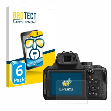 Vorderseite einer Produktverpackung mit dem Markenlogo BROTECT. Daneben ist das Gerät Nikon Coolpix P950 mit dem zugehörigen D