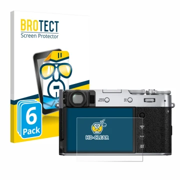 Vorderseite einer Produktverpackung mit dem Markenlogo BROTECT. Daneben ist das Gerät Fujifilm X100V mit dem zugehörigen Displ