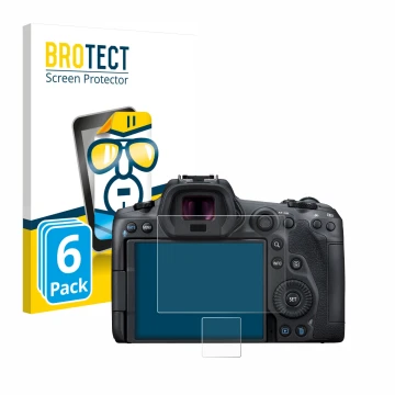 Vorderseite einer Produktverpackung mit dem Markenlogo BROTECT. Daneben ist das Gerät Canon EOS R5 mit dem zugehörigen Display