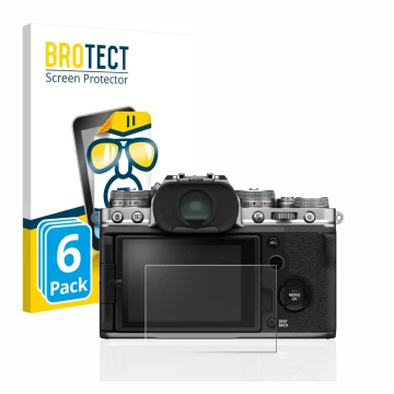 Vorderseite einer Produktverpackung mit dem Markenlogo BROTECT. Daneben ist das Gerät Fujifilm X-T4 mit dem zugehörigen Displa