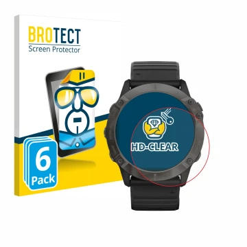 Vorderseite einer Produktverpackung mit dem Markenlogo BROTECT. Daneben ist das Gerät Garmin Fenix 6X Pro Solar mit dem zugehö