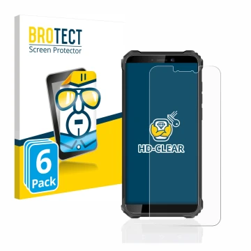 Vorderseite einer Produktverpackung mit dem Markenlogo BROTECT. Daneben ist das Gerät Oukitel WP5 Pro mit dem zugehörigen Disp