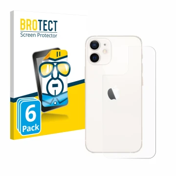 Vorderseite einer Produktverpackung mit dem Markenlogo BROTECT. Daneben ist das Gerät Apple iPhone 12 mini (Rückseite) mit dem