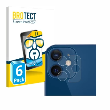 Vorderseite einer Produktverpackung mit dem Markenlogo BROTECT. Daneben ist das Gerät Apple iPhone 12 (NUR Kameraschutz) mit d