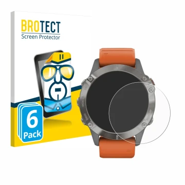Vorderseite einer Produktverpackung mit dem Markenlogo BROTECT. Daneben ist das Gerät Garmin Fenix 6 Pro Solar mit dem zugehör
