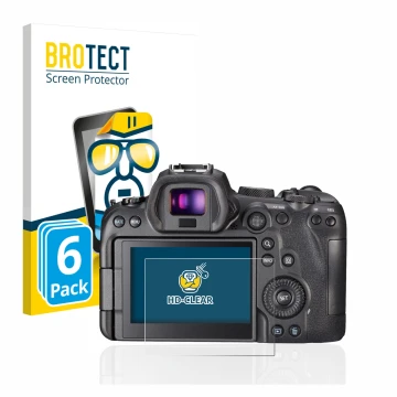 Vorderseite einer Produktverpackung mit dem Markenlogo BROTECT. Daneben ist das Gerät Canon EOS R6 mit dem zugehörigen Display