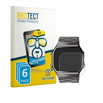 Vorderseite einer Produktverpackung mit dem Markenlogo BROTECT. Daneben ist das Gerät Casio A168WEGG-1BEF mit dem zugehörigen 