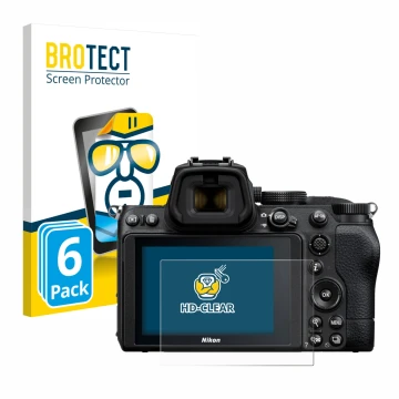 Vorderseite einer Produktverpackung mit dem Markenlogo BROTECT. Daneben ist das Gerät Nikon Z 5 mit dem zugehörigen Displaysch