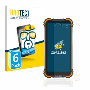Vorderseite einer Produktverpackung mit dem Markenlogo BROTECT. Daneben ist das Gerät Doogee S58 Pro mit dem zugehörigen Displ