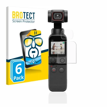 Vorderseite einer Produktverpackung mit dem Markenlogo BROTECT. Daneben ist das Gerät DJI Osmo Pocket 2 (Display + Linse) mit 