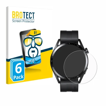 Vorderseite einer Produktverpackung mit dem Markenlogo BROTECT. Daneben ist das Gerät Huawei Watch GT 3 (46 mm) mit dem zugehö