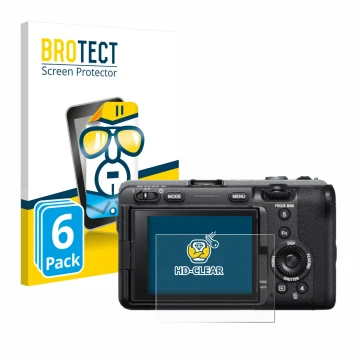 Vorderseite einer Produktverpackung mit dem Markenlogo BROTECT. Daneben ist das Gerät Sony FX3 mit dem zugehörigen Displayschu