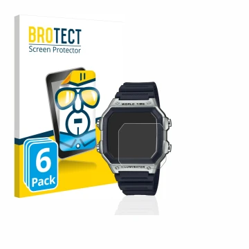 Vorderseite einer Produktverpackung mit dem Markenlogo BROTECT. Daneben ist das Gerät Casio AE-1200WH mit dem zugehörigen Disp