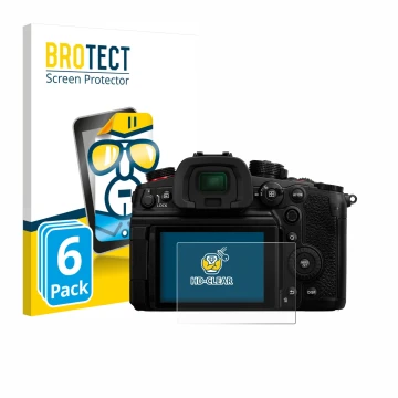 Vorderseite einer Produktverpackung mit dem Markenlogo BROTECT. Daneben ist das Gerät Panasonic Lumix DC-GH6 mit dem zugehörig