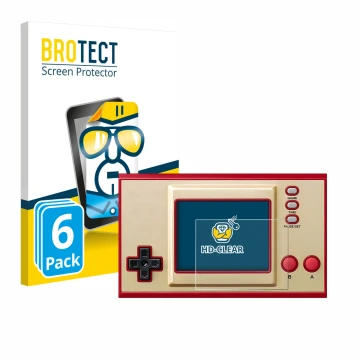 Vorderseite einer Produktverpackung mit dem Markenlogo BROTECT. Daneben ist das Gerät Nintendo Game & Watch Super Mario Bros m
