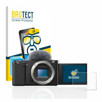 Vorderseite einer Produktverpackung mit dem Markenlogo BROTECT. Daneben ist das Gerät Sony Alpha ZV-E10 mit dem zugehörigen Di