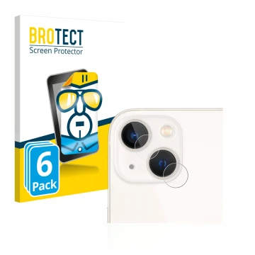 Vorderseite einer Produktverpackung mit dem Markenlogo BROTECT. Daneben ist das Gerät Apple iPhone 13 (NUR Kameraschutz) mit d